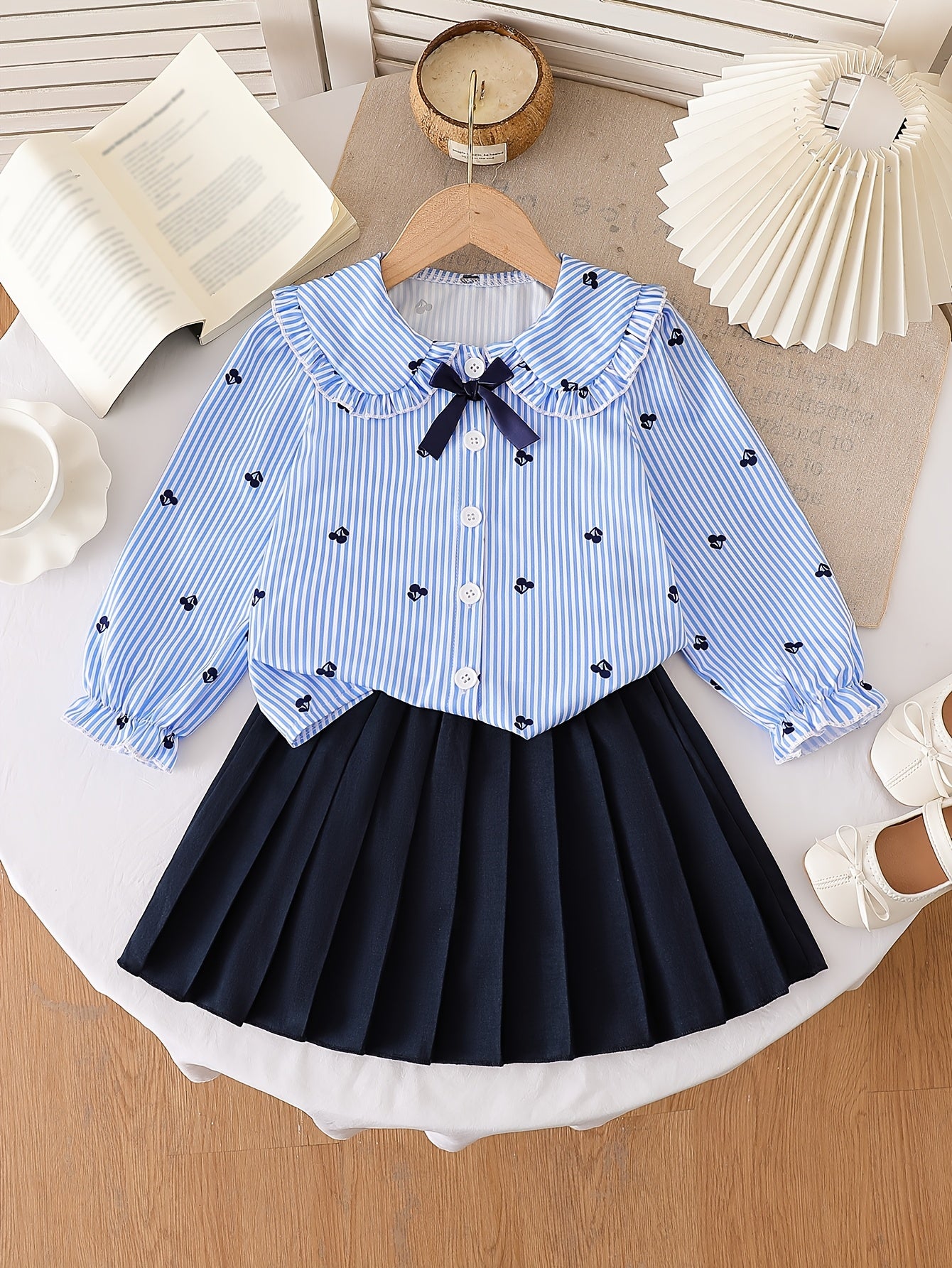 Girls' Preppy Butterfly Print Cardigan & Pleated Skirt Set