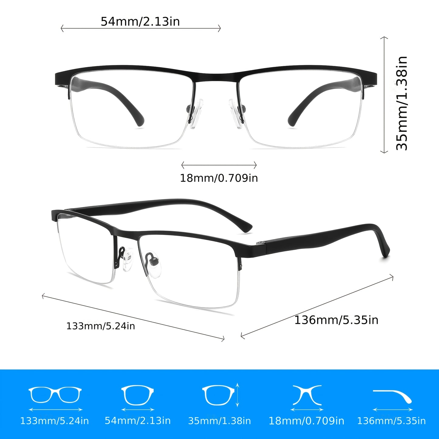 Unisex Semi-Rimless Photochromic Clear Lens Glasses, Stainless Steel