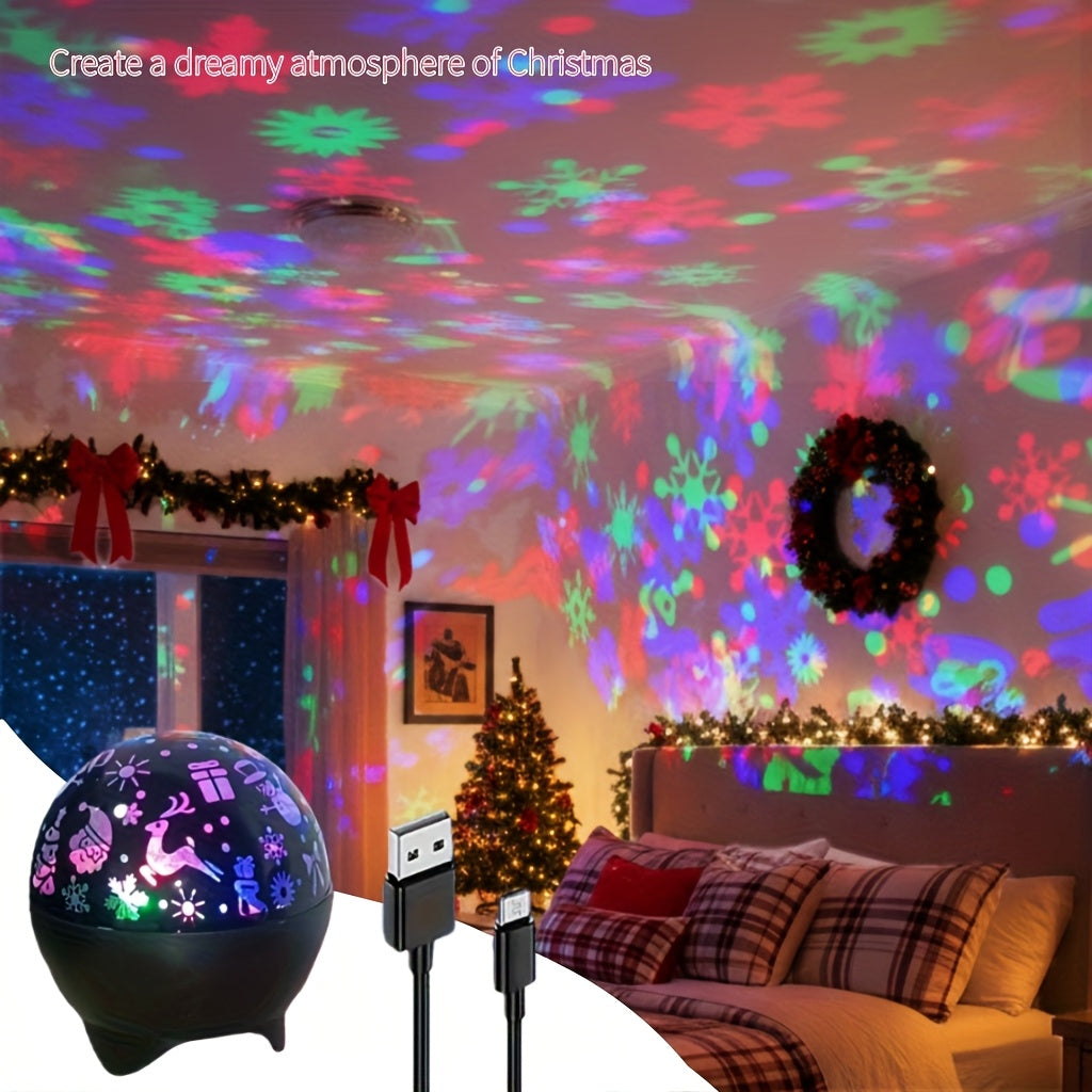 2-in-1 USB-Powered Night Light with RGB Sound Sensor & Dimmable Music Beats - USB-Powered Projection & Ambient Lighting, 5-Color RGB Night Light with Snowflake Effect