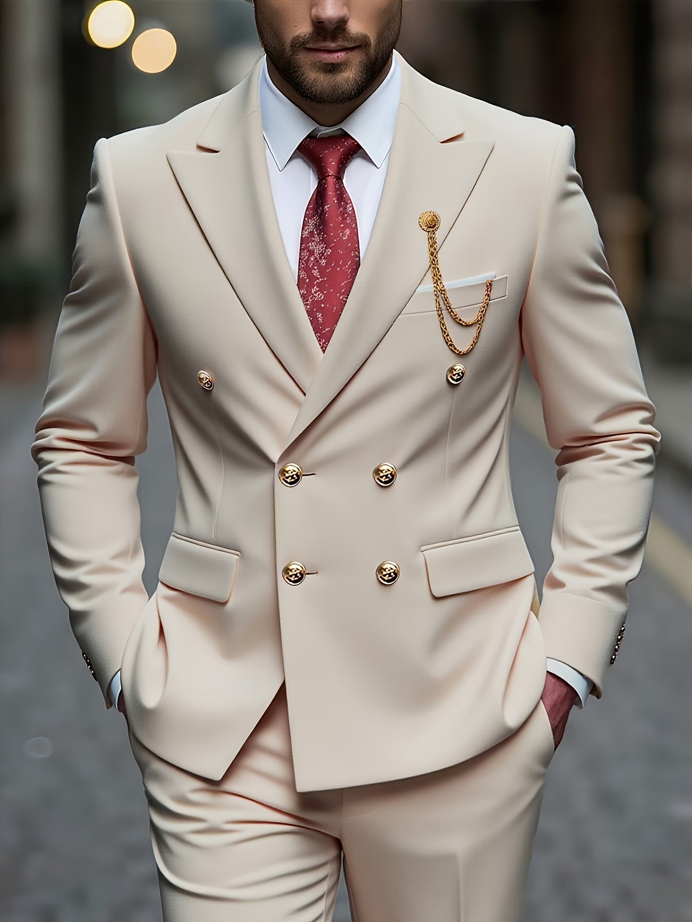 Men's Slim Fit 2-Piece Polyester Suit with Notched Lapel