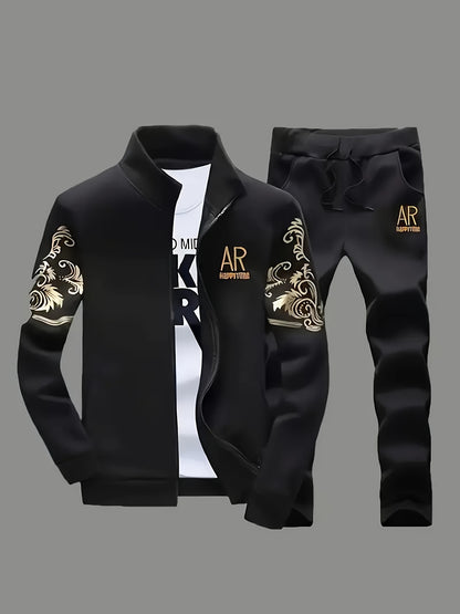 New Spring and Autumn Men's Sports Casual Suit, Trendy Fashion Stand-up Collar Long Sleeve Jacket Two-piece Set