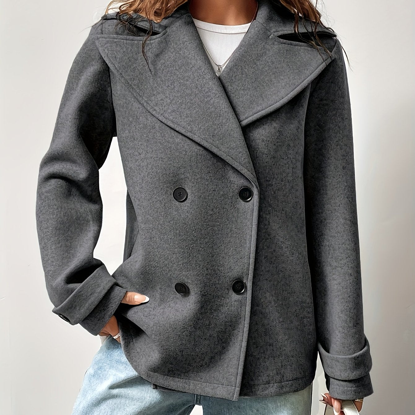 Women's Casual Solid Color Double-Breasted Coat, Autumn/ Winter