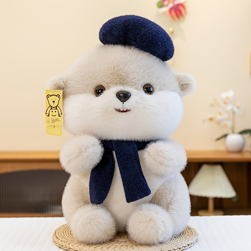 Cute Beret Beaver Plush Toy | Soft Stuffed Animal Doll with Scarf, Adorable Beaver Plushie Birthday Gift for Girls and Children, Polyester Fiber, and Dark Brown