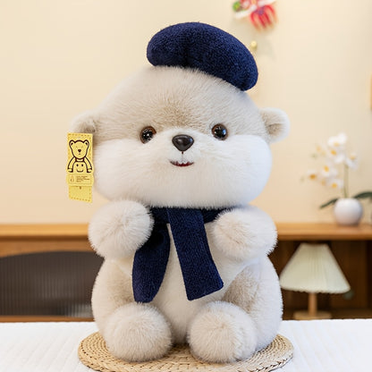 Cute Beret Beaver Plush Toy | Soft Stuffed Animal Doll with Scarf, Adorable Beaver Plushie Birthday Gift for Girls and Children, Polyester Fiber, and Dark Brown