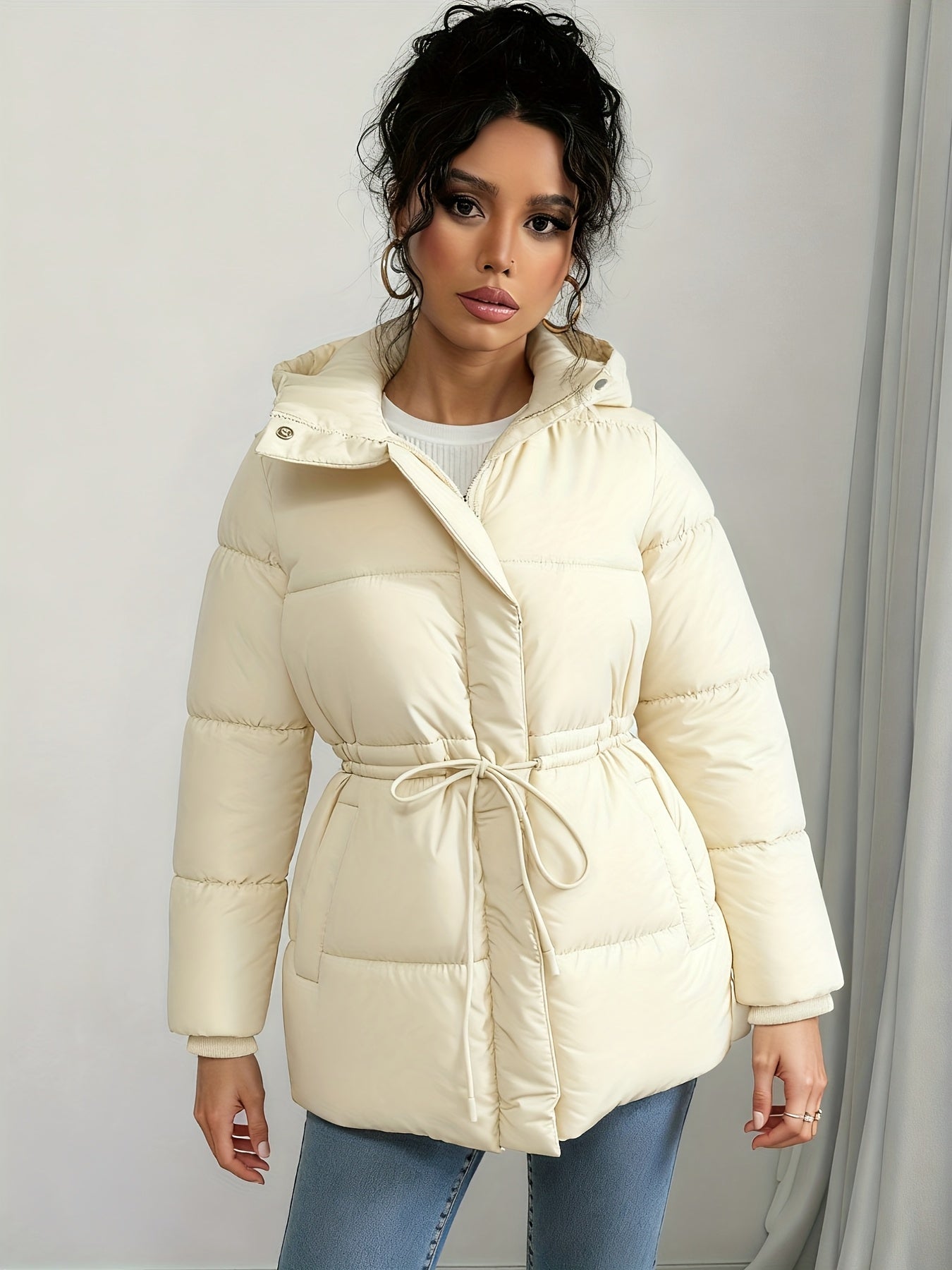 Women'S Elegant Black Puffer Jacket - Mid-Length Loose Fit with Adjustable Drawstring Waist, Long Sleeves, and Front Zipper, Casual Winter Outerwear for Cold Weather, Winter Jacket