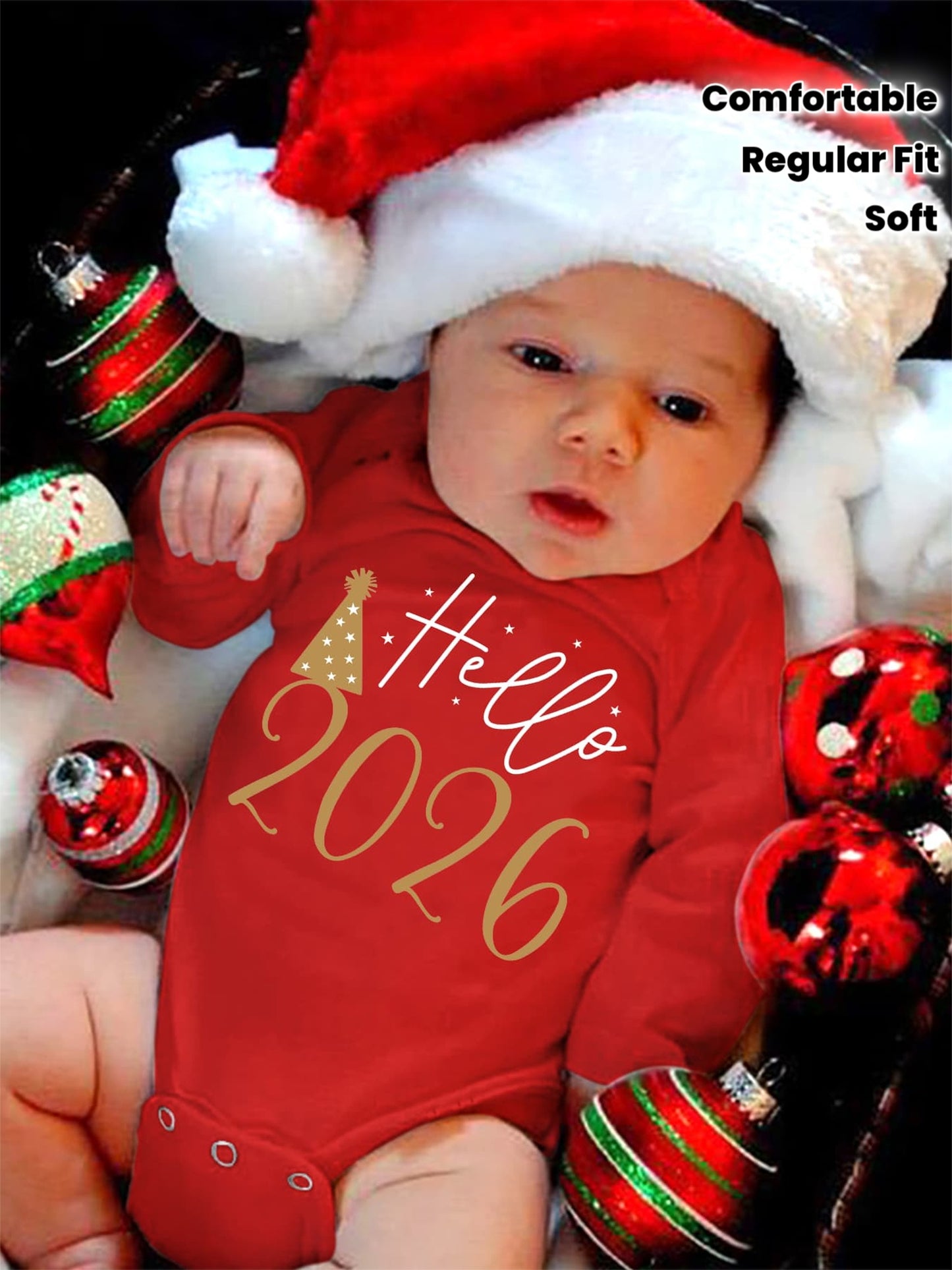 2026 New Year Boys & Girls' Cute Long Sleeve Bodysuit with "Hello 51.46meter Letter Print, Soft Stretch Fabric, Round Neck, Regular Fit, Perfect for Fall/Winter, for Outdoor, Winter Babywear, Playful Babywear, Comfortable Bab