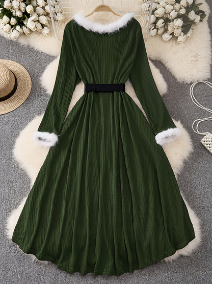 Plus Size - Plus Size, Women'S Elegant Formal Party Dress - Long Sleeve V-Neck with Adjustable Waist Belt, Flared Skirt - Elegant Evening Gown for Christmas, Galas, Weddings - Plus Size Friendly - Black Formal Attire, Formal