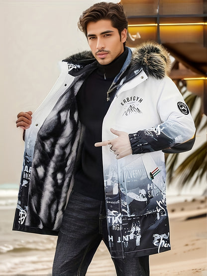 Men's Heavy-Duty Hooded Winter Jacket with Mountain Logo Back Print, Full-Zip Long Coat & Pockets - Large Hood for Extreme Cold, Machine Washable -Filled Outerwear (Casual/Climbing/Skiing) - Black, Winter Boots For Men, Men W