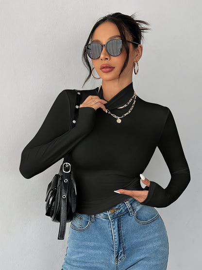 Women'S Elegant High Neck Long Sleeve T-Shirt - Soft Stretchy Solid Color Top for Spring Summer Fall, Versatile Casual & Formal Wear, Machine Washable, Seasonal Fashion, Sophisticated Style, Comfortable Fit, Stylish Blouse, F