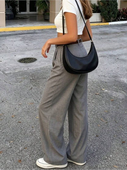 Women's Elegant Gray Wide-Leg High-Waist Pants for Casual Wear