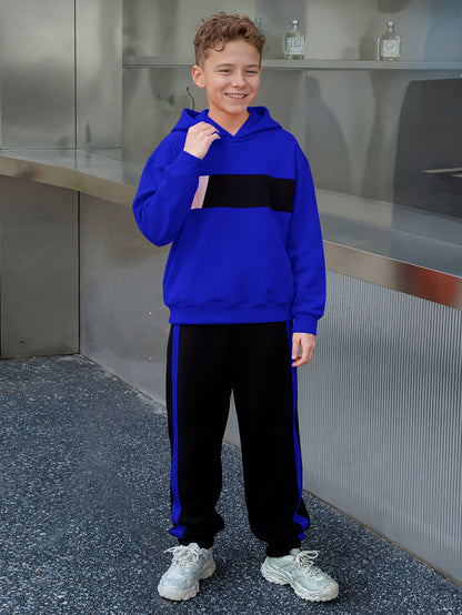 2pcs Boys' Winter Hooded Sweatsuit & Pants - Warm Sweater Outfit with Matching Long Pants, Colorblock Hoodie (Suitable for & Big Kids) - Machine Washable 2pcs set, Perfect for Outdoor