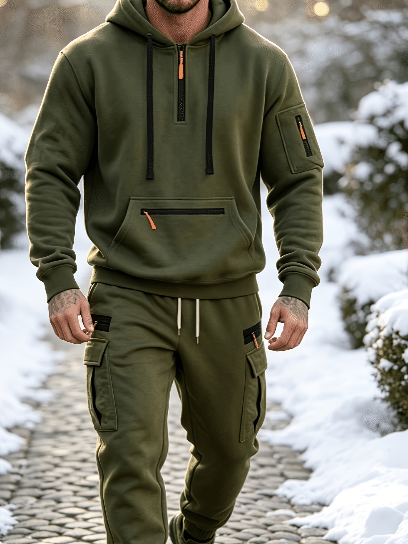 Men's Casual Hooded Tracksuit Set with Zipper Pockets