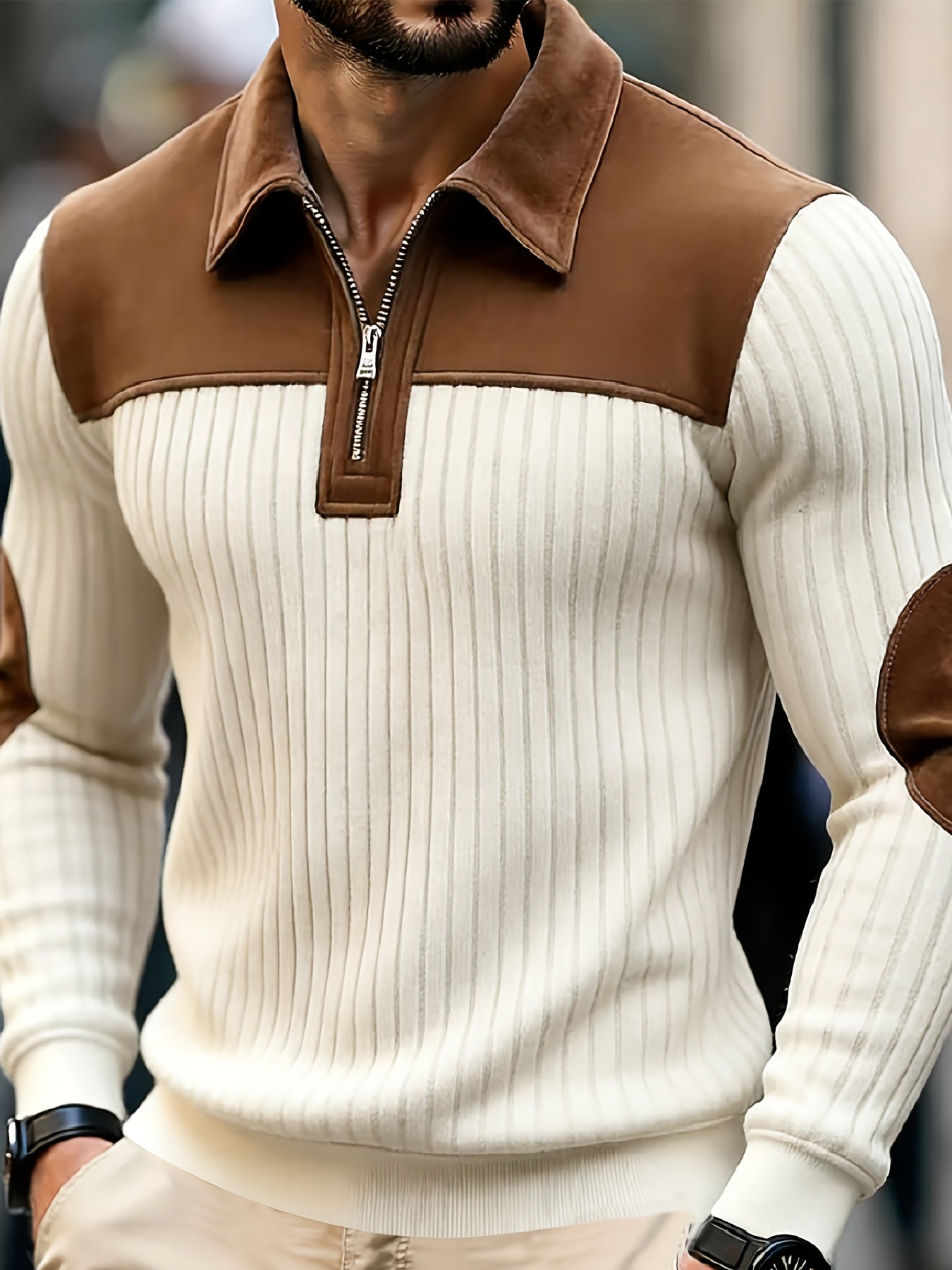 Men's Autumn Winter Color Block Pullover Sweater with Lapel