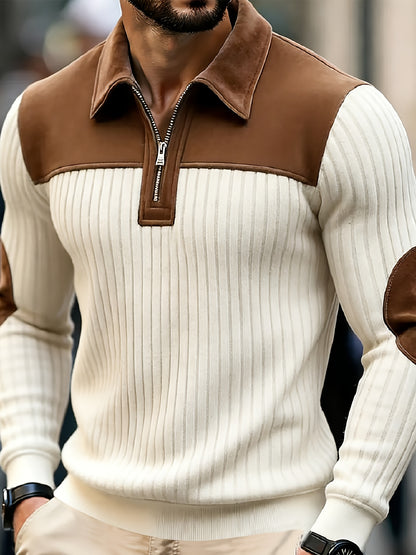 Men's Autumn Winter Color Block Pullover Sweater with Lapel