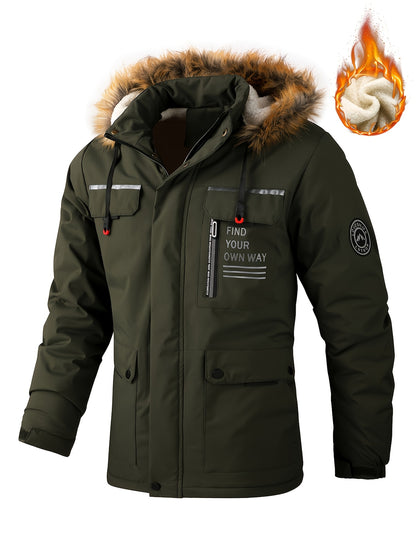 Men'S Heavy-Duty Winter Jacket with Fur-like Hood Collar - Thermal Insulated Cold Weather Coat, Full-Zip Front, Zippered Pockets - Beige/ for Everyday & Formal Outfits - Non-Stretch Outer Shell, Outdoor Outerwear, Casual Styl