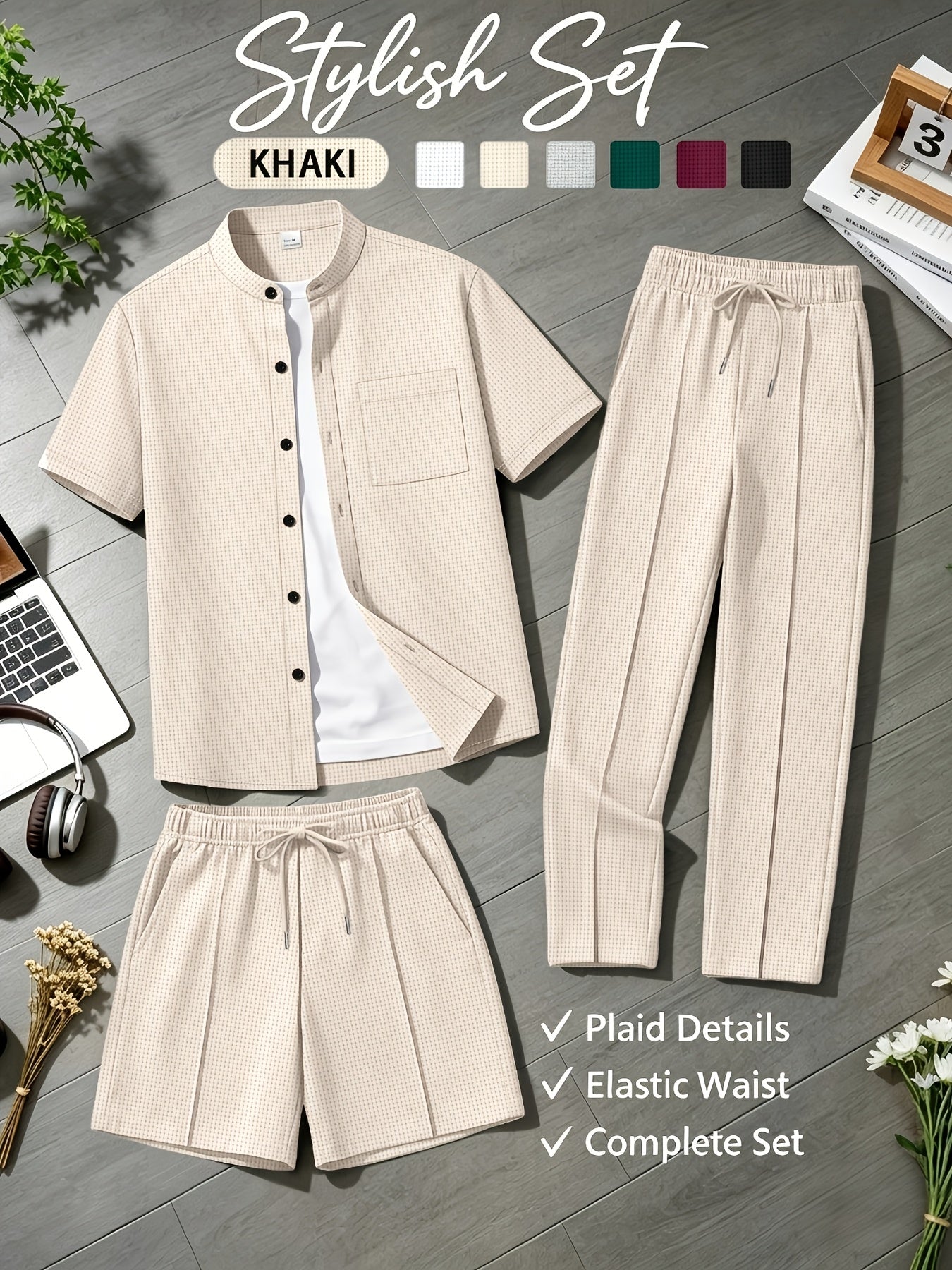Men's Casual Mandarin Collar Short Sleeve Shirt and Drawstring Pants