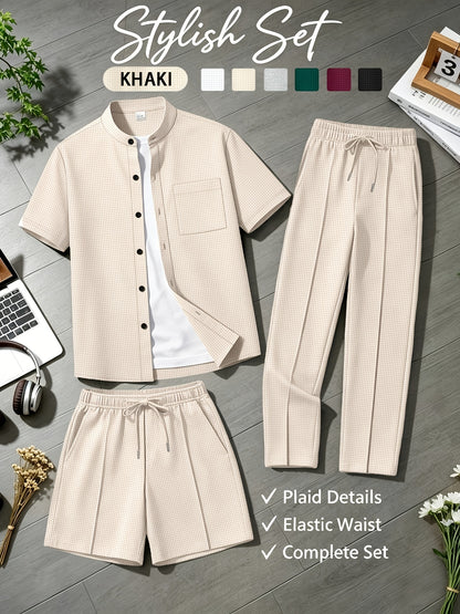 Men's Casual Mandarin Collar Short Sleeve Shirt and Drawstring Pants