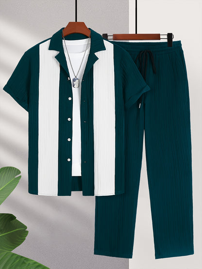 New Men's Colorful French Stripe Short Sleeve Shirt and Trousers Set