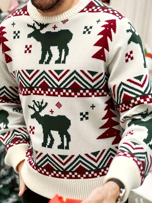 Men'S Winter Sweater - Christmas Deer & Snowflake Sweater with Red & Green Holiday Colors, Loose Fit Casual Knitwear, Drop Shoulder Long Sleeve Pullover, Soft Warm Winter Sweater for Christmas, Knit, Sweater For Men, Men Clot