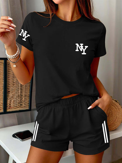 Women's Casual NY Print Short Sleeve & Shorts Set for Spring/Summer