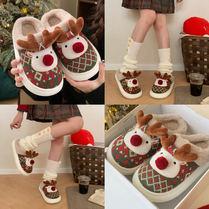 XIXITIAO Women's /Korean Style Winter Slippers - Deer & Reindeer Pattern Cozy Warm Booties, Soft Fabric & Sole for Indoor/Outdoor Use, Cute Animal Shoe for Christmas, Hand Washable
