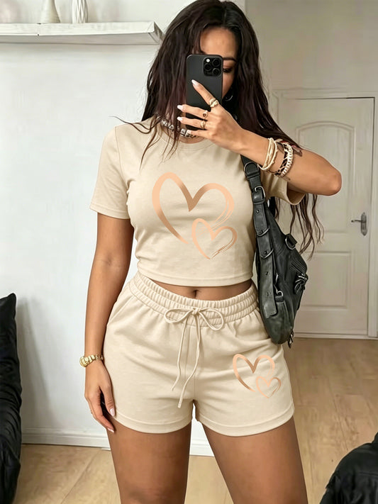 Women's Casual Printed Short Sleeve T-Shirt & Shorts Set