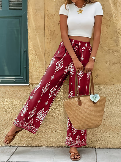 Women's Elegant Wide-Leg Trousers with Geometric Print