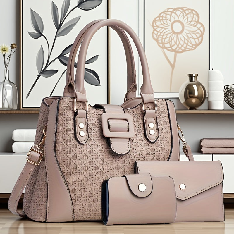 Plaid PU Leather Three-Piece Handbag Set for Women - Stylish & Spaciou