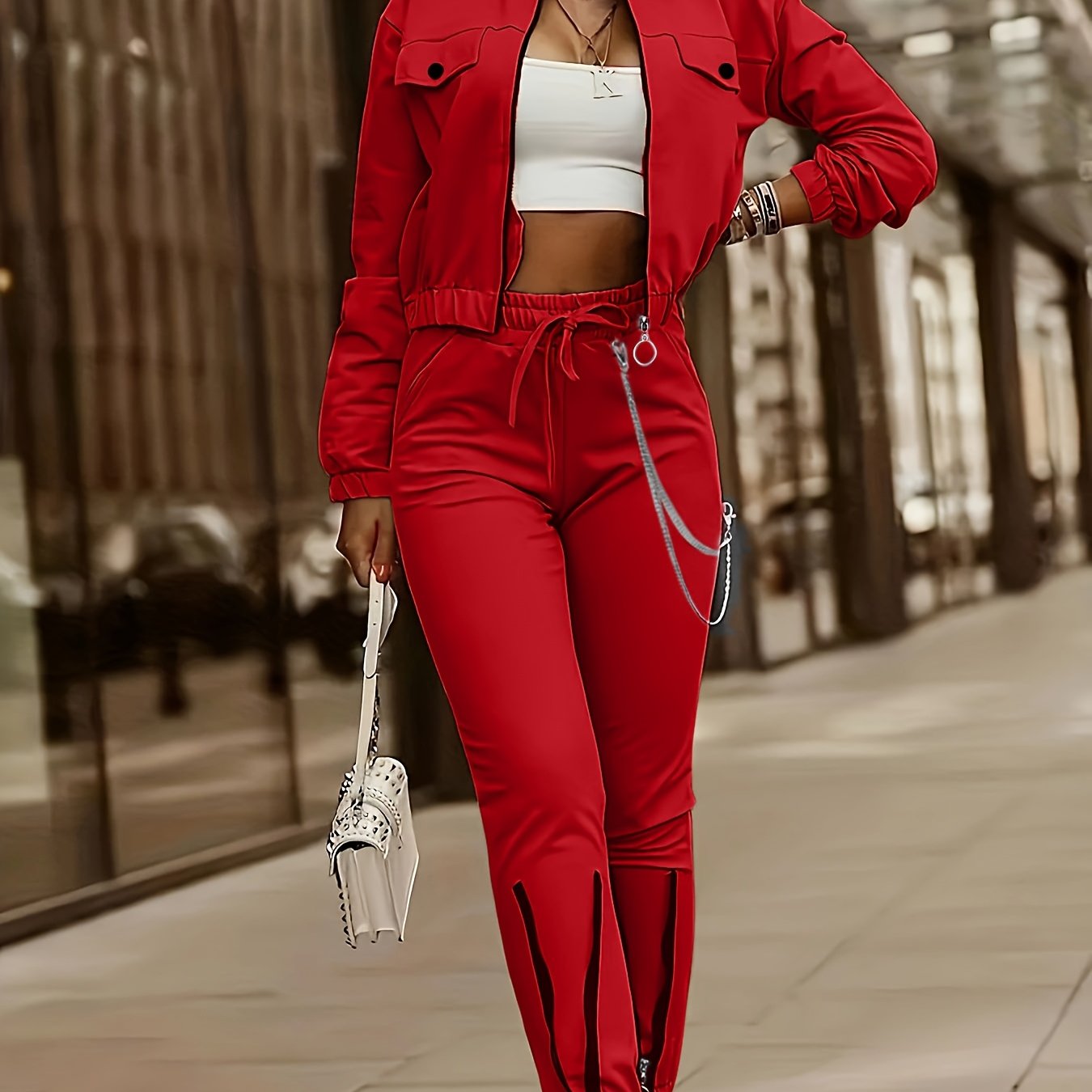 Cross-Border Women'S Two-Piece Set with Zip Long-Sleeve Top And Pants Featuring a Patchwork Zip Design, Casual Outfit