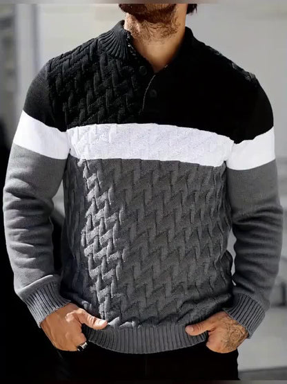 Men'S Stand Collar Pullover | Casual Fashion Quarter Button Stitching Knitwear with Geometric Pattern, Long Sleeve, Regular Fit for Fall/Winter - ayq