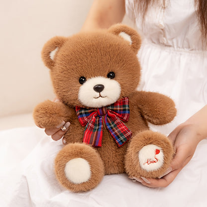 25cm/9.84in Tie Teddy Bear Plush Toy - Soft Stuffed Animal with Red Bow Tie, Light Brown & Yellow, Perfect for Halloween, Easter, Christmas & Birthday Gifts, Cute Stuffed Animal, Holiday Gift Item, Playful Design, Quality Cra