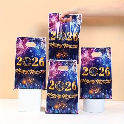 10/25/50pcs FengRise 2026 Happy New Year Fireworks Countdown Clocks Gift Bags - Vibrant Fireworks & Cityscape Design, Durable Plastic Party Favor Bags for New Year'S Eve, Birthday, Wedding Decorations, New Year Gifts, Festive