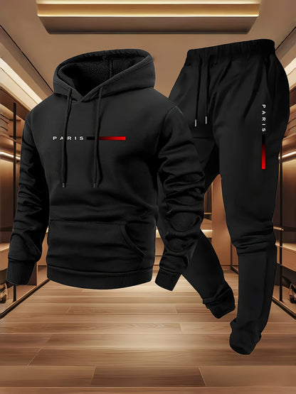 Halloween Men'S Hoodie with PARIS Lettering And Drawstring Sweatpants Set, a Must-Have Outfit for Autumn And Winter, Perfect for Everyday Outdoor Wear