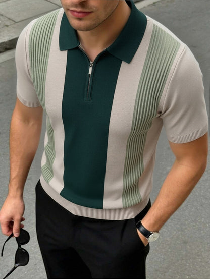 Men's Striped Knit Polo Shirt with Half-Zip for Summer Workwear