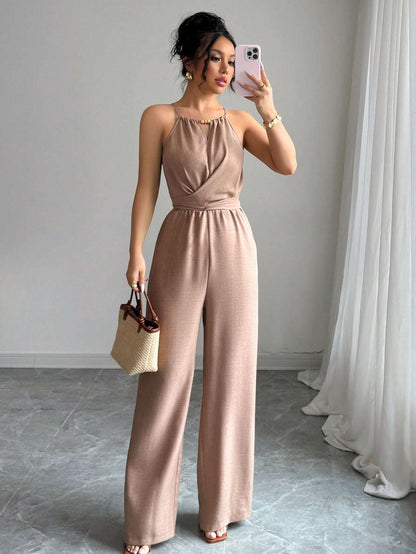 Women's Spring Summer Pleated Halterneck Maxi Jumpsuit