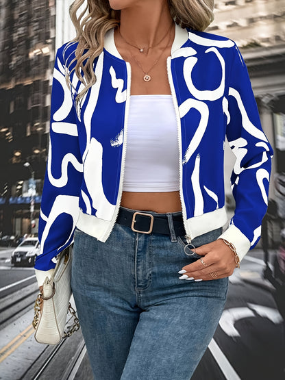 Women'S Stylish Black & White Abstract Print Zip-Up Cardigan Jacket - Casual Long Sleeve Pullover with Belted Waist, All-Season Wear, Casual Attire Jacket|Modern Casual Jacket|Zippered Jacket