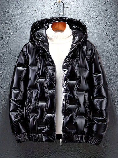 Men'S Winter Coat - Glossy Black Cold Weather Jacket, Non-Stretch Outer Shell, Zippered Pockets & Hooded Design for Formal & Everyday Use - Insulated Outerwear for Everyday & Special Occasions, Winter Jacket, Sleek Appearance