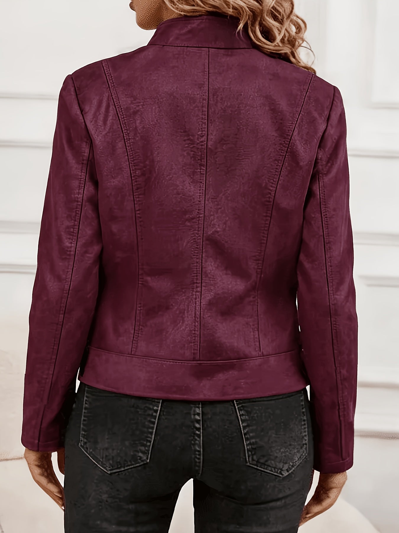 Plus Size Elegant Biker Jacket with Metallic Zipper for Spring/Fall