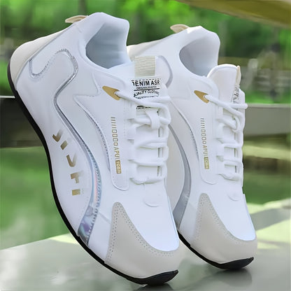 Letter Print. Casual Fashion. Low Top. Lace-Up. Solid Color. Comfortable. Good Grip. Unisex. Multifunctional. Skate Shoes. Men'S Casual Sports Sneakers Breathable, Non-Slip Running Shoes, Soft Sole, Golden And Black Design. G - ayq