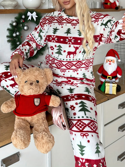 Women'S Christmas Pattern Pajama Set | Comfortable Long-Sleeve Home Wear for Fall/Winter, Crew Neck