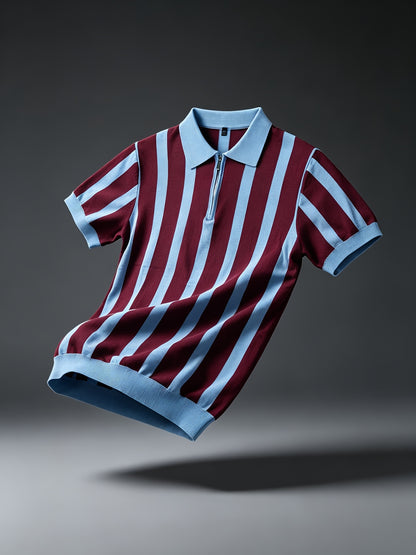Men's Slim Fit Vertical Stripe Knit Polo with Half-Zip Collar