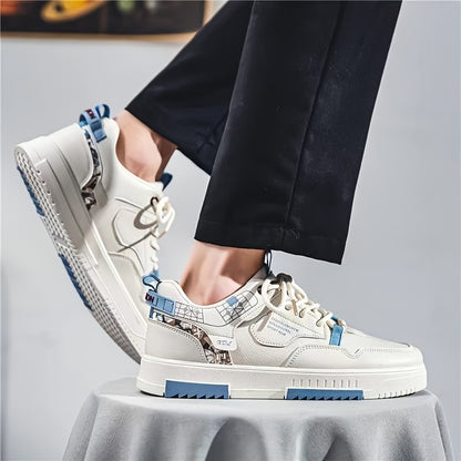 Men's Skate Shoes with Good Grip  Breathable Design - PU Upper, Cushioned PVC Sole, Black/Blue Letter Pattern Lace-Up Sneakers for All-Season Casual  Sports Wear, Allseason Shoes   Modern Casual Shoes   Comfortable Wear