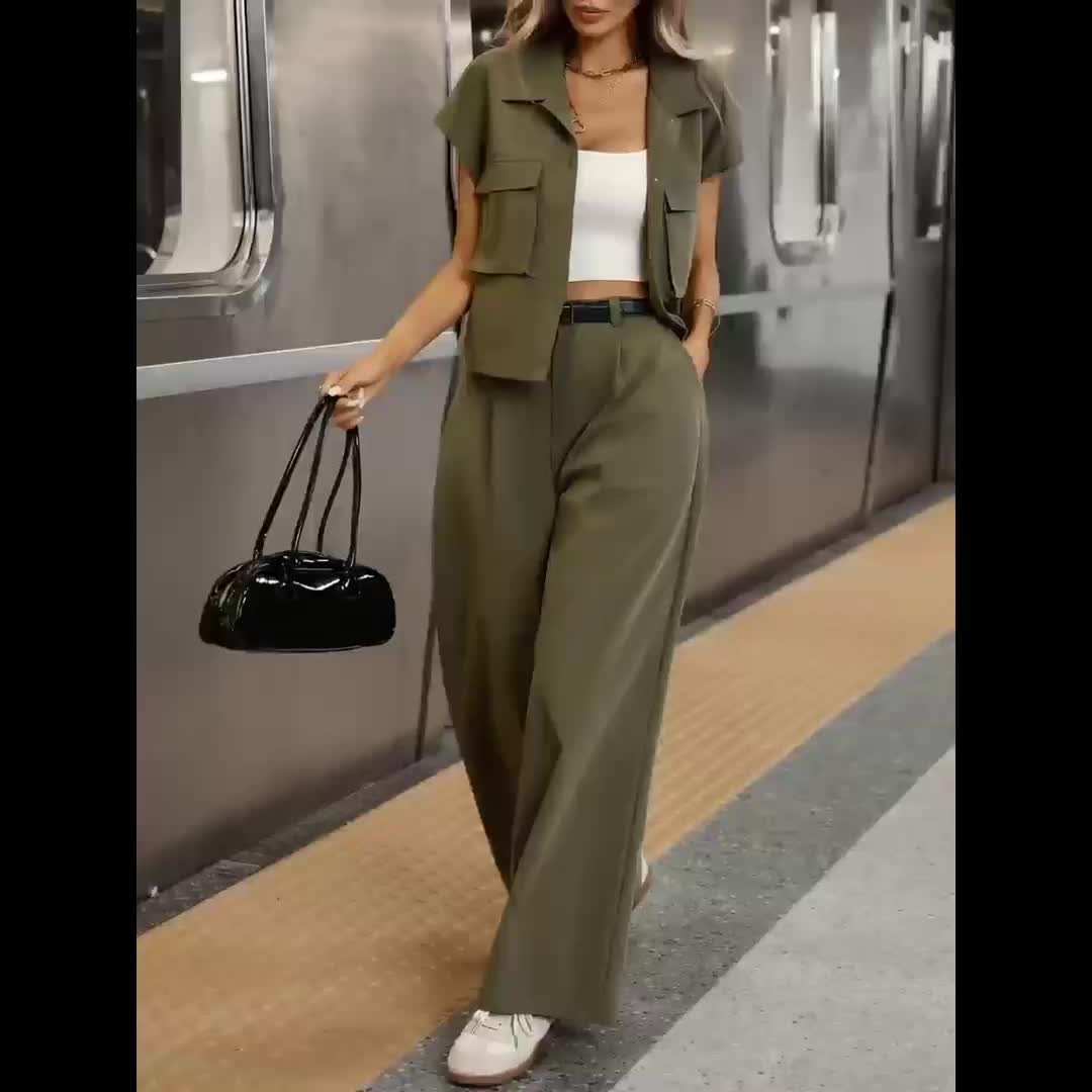 Women's Casual Solid Color Shirt and Pants 2pcs Set, Spring Summer 2pcs Set: Solid Color Button-Up Short Sleeve Top and Pocket Pants, Women's Casual Elegant Spring Summer 2pcs Outfit, Women's Outing and Date Wear, Spring Summ