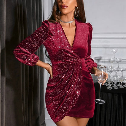 Women's Sparkling Sequin Bodycon Dress with -Neck Puff Sleeve & Wrap Hem - Shimmery Party Dress Suitable for Christmas, New Year's Eve, Valentine's Day - Elegant Machine-Washable Outfit