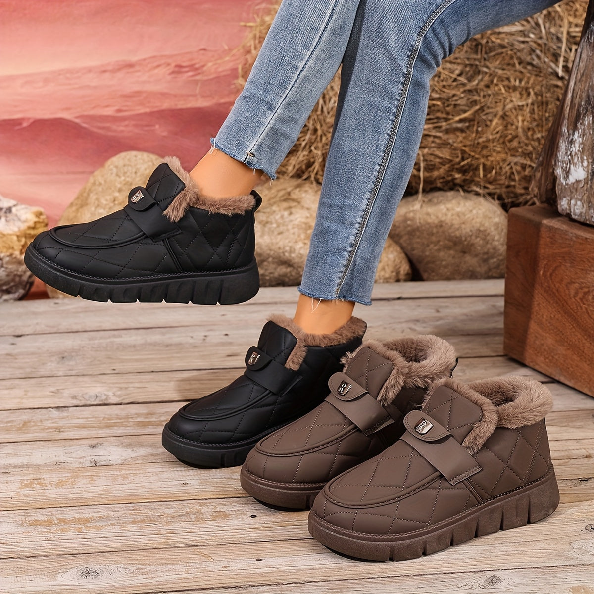 Autumn Winter Plush Lined Thick Warm Snow Boots, Versatile Outdoor Slip-On with Block Heel, Comfortable Round Toe for Casual Daily Use and Cold Weather Hiking