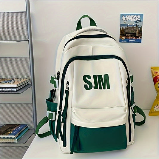 Stylish Unisex Nylon Backpack - Durable Casual Travel  School Bag with Adjustable Straps, White  Blue Design, Lightweight and Spacious for Everyday Use, School Backpack   Contrast Strap Design   Polyester Lined, Travel Back
