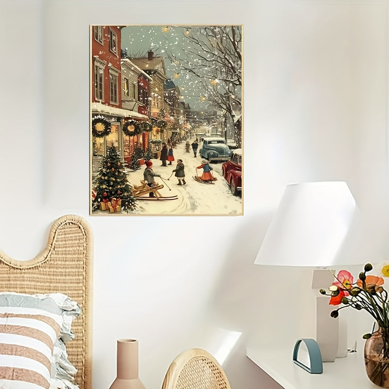 1pc Beginner DIY Adult Paint by Numbers Kit - Includes Acrylic Paints, Canvas, 3 Brushes & Instruction Manual | Winter Town Street Scene with Children Skiing and Snowboarding in a House Full of Decorations| 40x50cm/15.7x20in