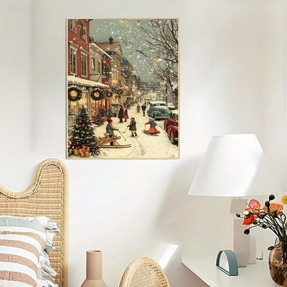 1pc Beginner DIY Adult Paint by Numbers Kit - Includes Acrylic Paints, Canvas, 3 Brushes & Instruction Manual | Winter Town Street Scene with Children Skiing and Snowboarding in a House Full of Decorations| 40x50cm/15.7x20in