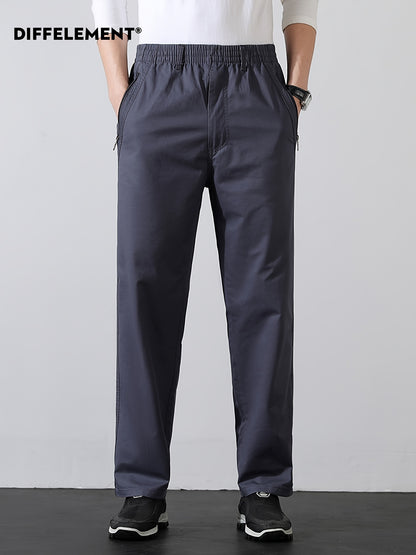 Men's Cotton Casual Trousers with Elastic Waist and Zipper Pockets