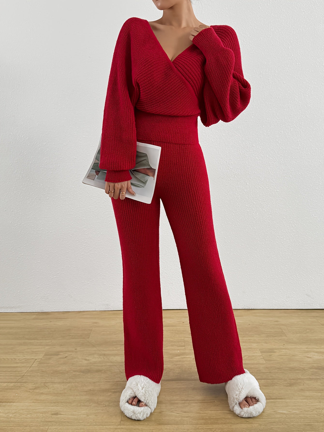 Women's Autumn Winter Sweater V-Neck Sleeveless Pullover with Wide-Leg Pants Elegant Two-Piece Set